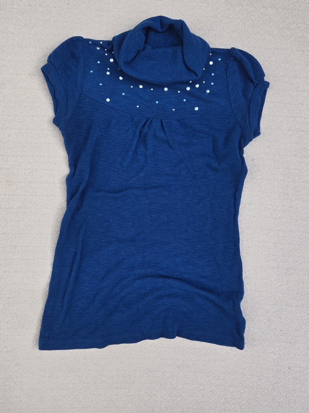 Women's Blue Short-Sleeve Cowl Neck Top